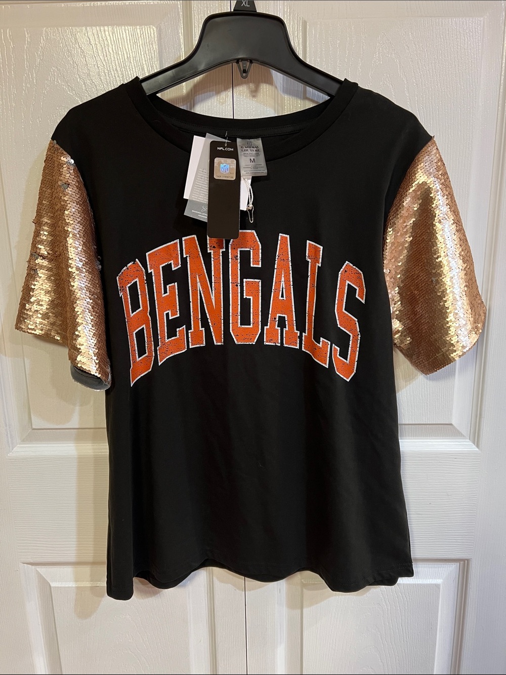 Black Bengals Short Sleeve Tee with Rose Gold Sequin Sleeves